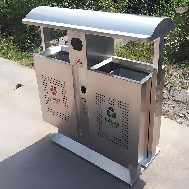 Stainless steel metal ashtray trash can with 3 compartments for recycling trash can steel recycling bin