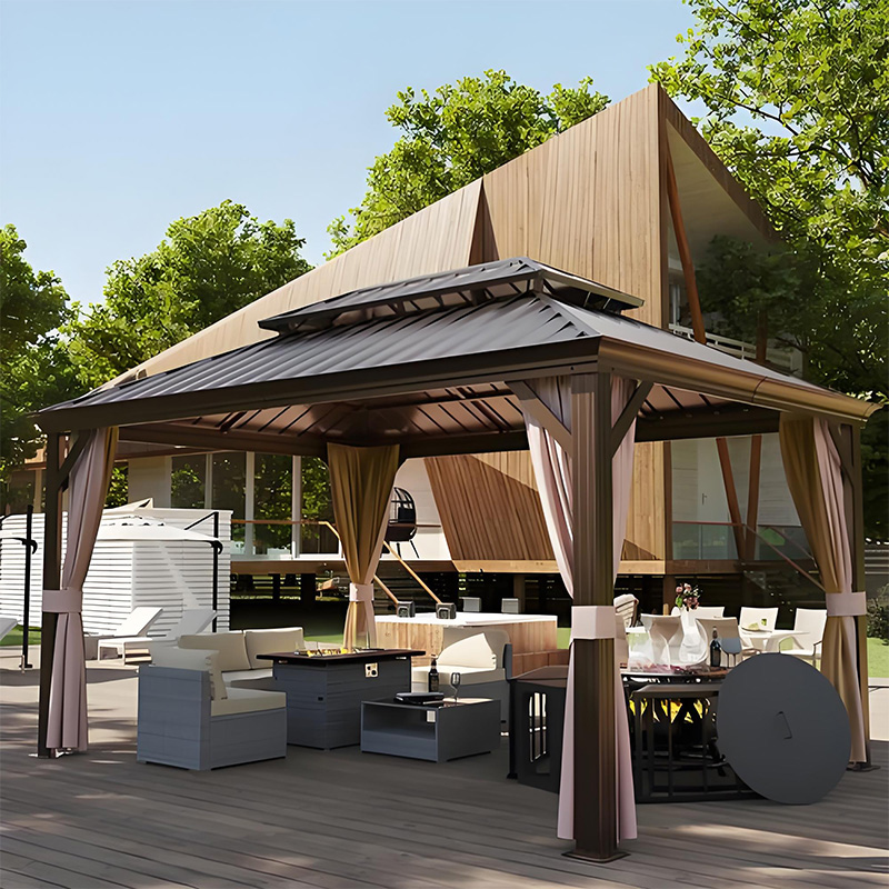 Outdoor Aluminum Hard Top Terrace Gazebo with Double Roof Waterproof Gazebo with Mosquito Net Curtain