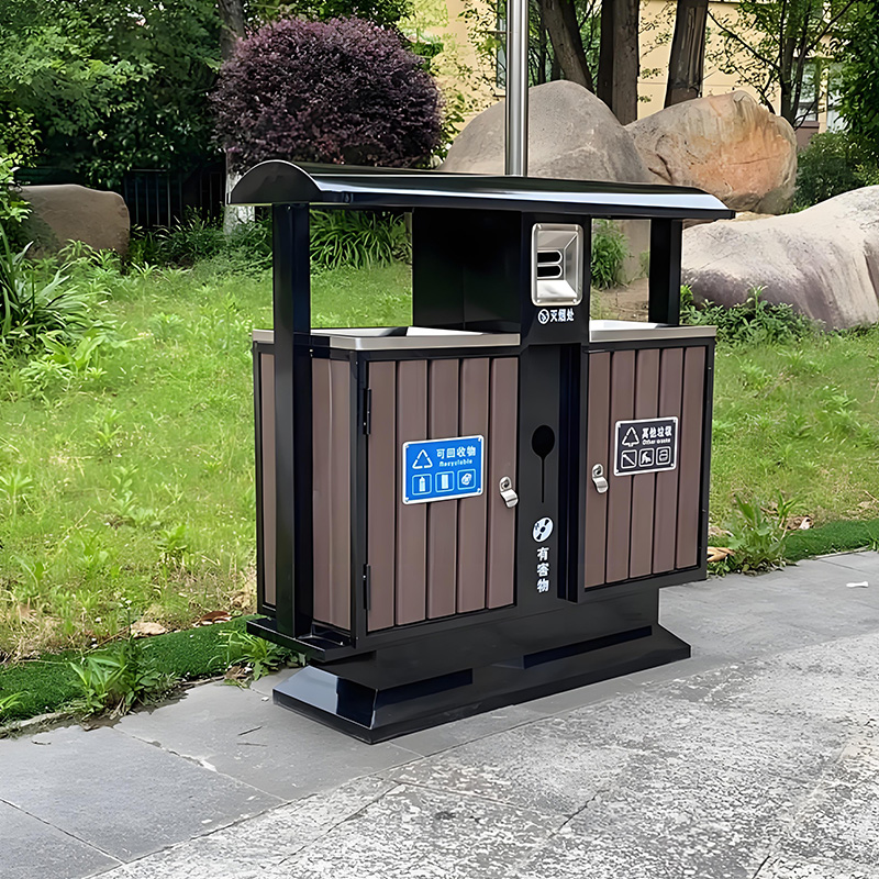 Large trash bin collection station outdoor trash bin with wooden metal trash bin
